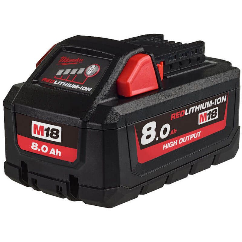 Milwaukee M18™ 8.0Ah HIGH OUTPUT™ Battery providing 50% more power, runs cooler, with shock-responsive construction and fuel gauge for optimal performance on the jobsite. Milwaukee M18™ 8.0Ah HIGH OUTPUT™ Battery providing 50% more power, runs cooler, with shock-responsive construction and fuel gauge for optimal performance on the jobsite.